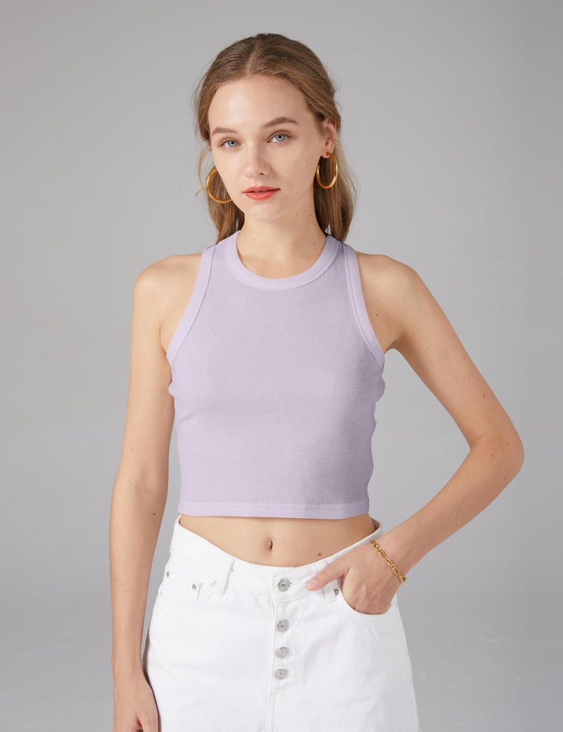 MISSACTIVER Women Basic Sleeveless Vest Crop Tank Top Casual Crew Neck Binding Crop Top (Small, Light Purple) - Image 3